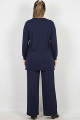 Plus - Size Langarm Set Met Steentjes — Marineblauw