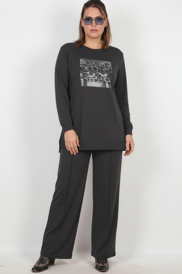 Plus - Size Langarm Set Met Steentjes — Antraciet