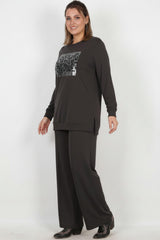 Plus - Size Langarm Set Met Steentjes — Antraciet
