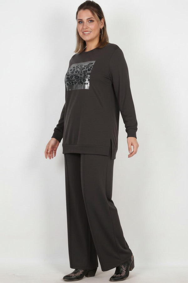 Plus - Size Langarm Set Met Steentjes — Antraciet