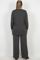Plus - Size Langarm Set Met Steentjes — Antraciet