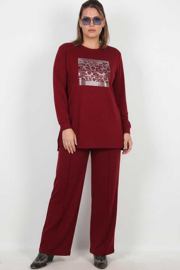 Plus - Size Set Met Lange Mouwen En Steendetail — Bordeaux