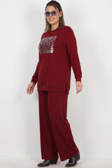 Plus - Size Set Met Lange Mouwen En Steendetail — Bordeaux