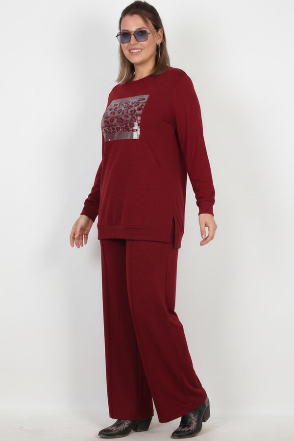 Plus - Size Set Met Lange Mouwen En Steendetail — Bordeaux