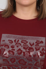 Plus - Size Set Met Lange Mouwen En Steendetail — Bordeaux