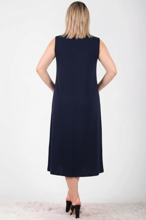 Plus - Size Mouwloze Jurk Met Ronde Hals — Marineblauw