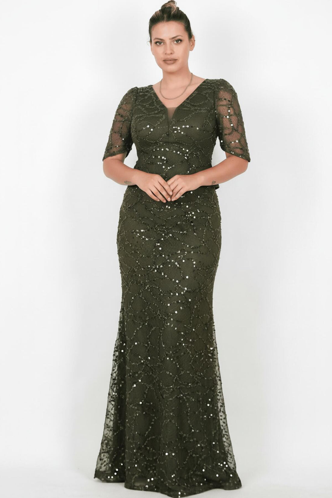 Kurzarm - Abendkleid Mit Perlen Und Spitze (Große Größen) – Khaki
