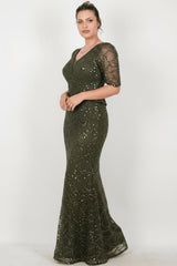 Kurzarm - Abendkleid Mit Perlen Und Spitze (Große Größen) – Khaki
