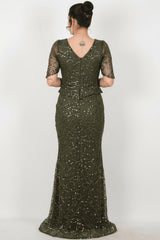 Kurzarm - Abendkleid Mit Perlen Und Spitze (Große Größen) – Khaki