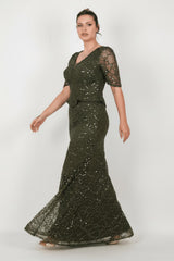 Kurzarm - Abendkleid Mit Perlen Und Spitze (Große Größen) – Khaki