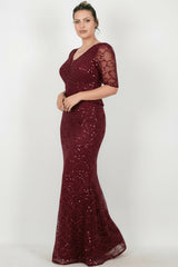 Kurzarm - Abendkleid Mit Perlen Und Spitze (Große Größen) – Bordeaux