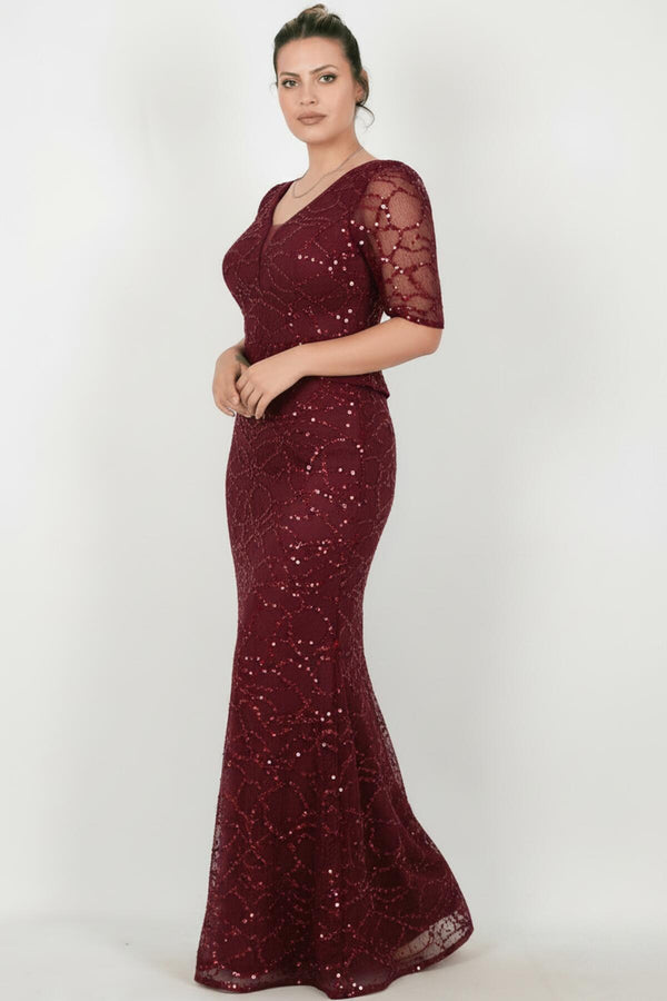 Plus‑Size Short‑Sleeve Beaded Lace Evening Gown — Burgundy