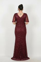 Kurzarm - Abendkleid Mit Perlen Und Spitze (Große Größen) – Bordeaux