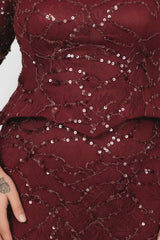 Kurzarm - Abendkleid Mit Perlen Und Spitze (Große Größen) – Bordeaux
