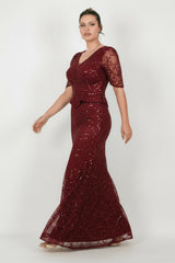 Kurzarm - Abendkleid Mit Perlen Und Spitze (Große Größen) – Bordeaux