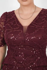 Kurzarm - Abendkleid Mit Perlen Und Spitze (Große Größen) – Bordeaux