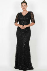 Robe De Soirée Grande Taille En Dentelle Perlée — Noir