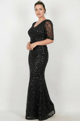 Robe De Soirée Grande Taille En Dentelle Perlée — Noir