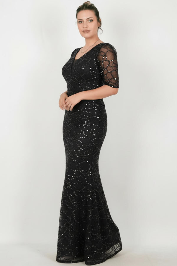 Plus - Size Short - Sleeve Beaded Lace Dress — Black