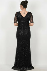 Robe De Soirée Grande Taille En Dentelle Perlée — Noir