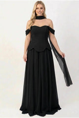 Crepe Avondjurk Met Tule Rok En Sjaaldetail — Zwart