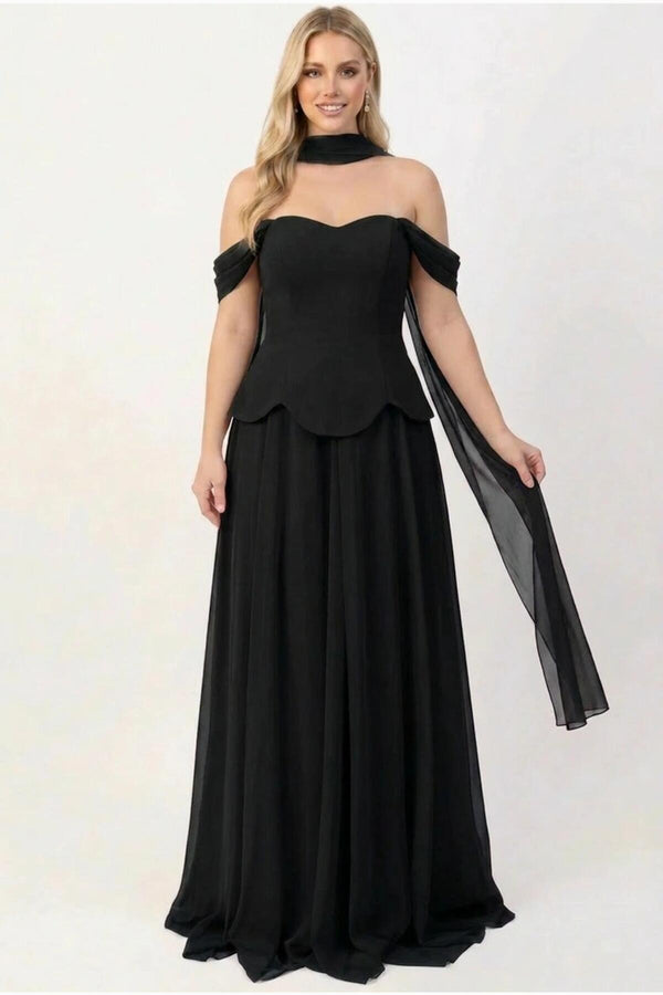 Crepe Avondjurk Met Tule Rok En Sjaaldetail — Zwart
