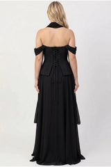 Crepe Avondjurk Met Tule Rok En Sjaaldetail — Zwart