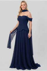 Crepe Avondjurk Met Tule Rok En Sjaaldetail — Marineblauw