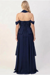 Crepe Avondjurk Met Tule Rok En Sjaaldetail — Marineblauw