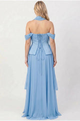 Crepe Avondjurk Met Tule Rok En Sjaaldetail — Blauw
