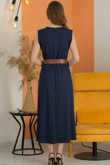 Midi - Jurk Met Gewatteerde Schouders En Smalle Elastische Taille — Navy