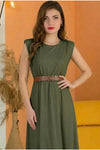 Midi - Jurk Met Gewatteerde Schouders En Smalle Elastische Taille — Khaki