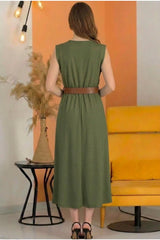 Midi - Jurk Met Gewatteerde Schouders En Smalle Elastische Taille — Khaki