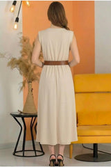 Midi - Jurk Met Gewatteerde Schouders En Smalle Elastische Taille — Stone