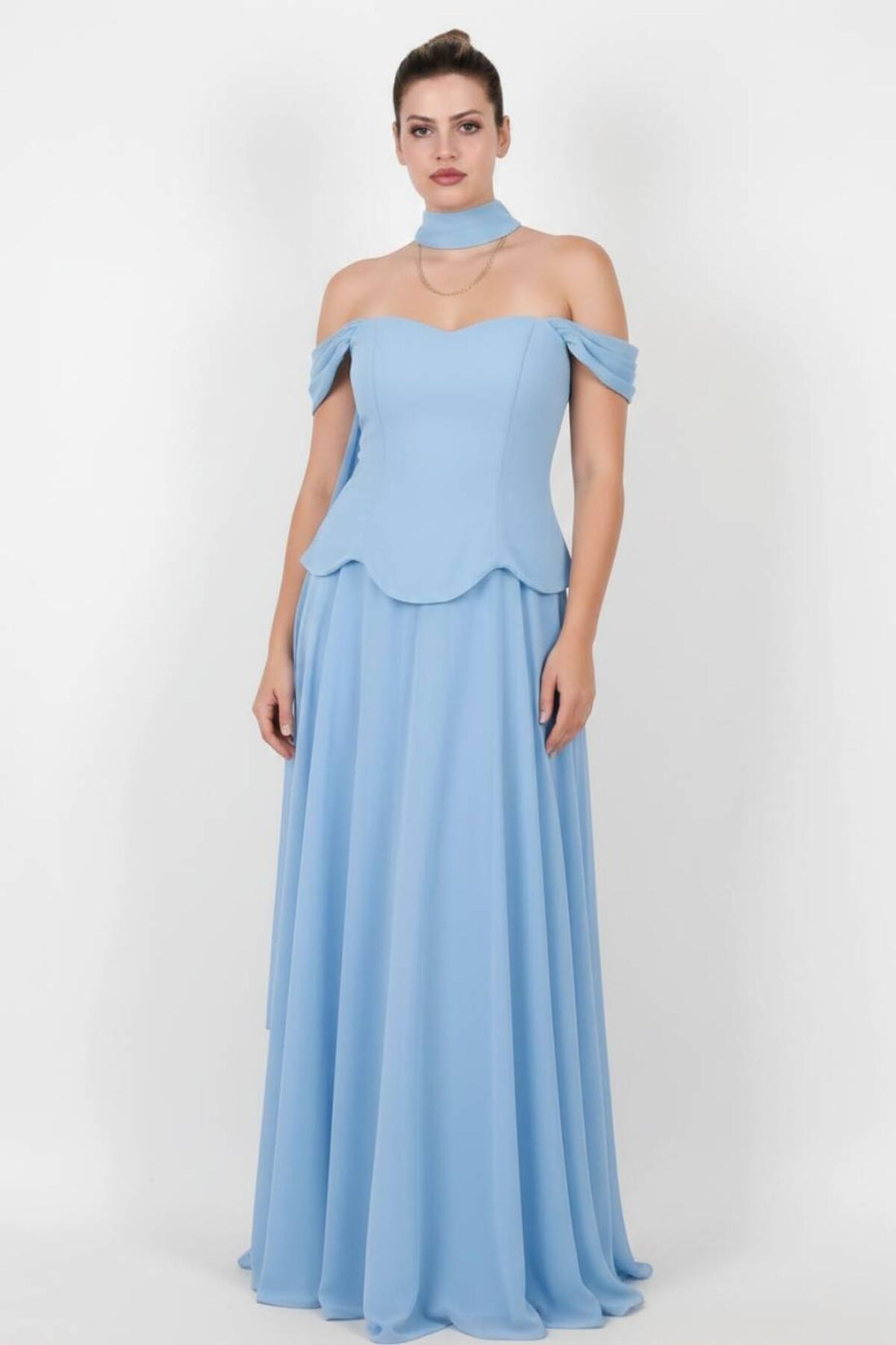 Crêpe Avondjurk Met Tule En Sjaal — Grote Maten, Blauw