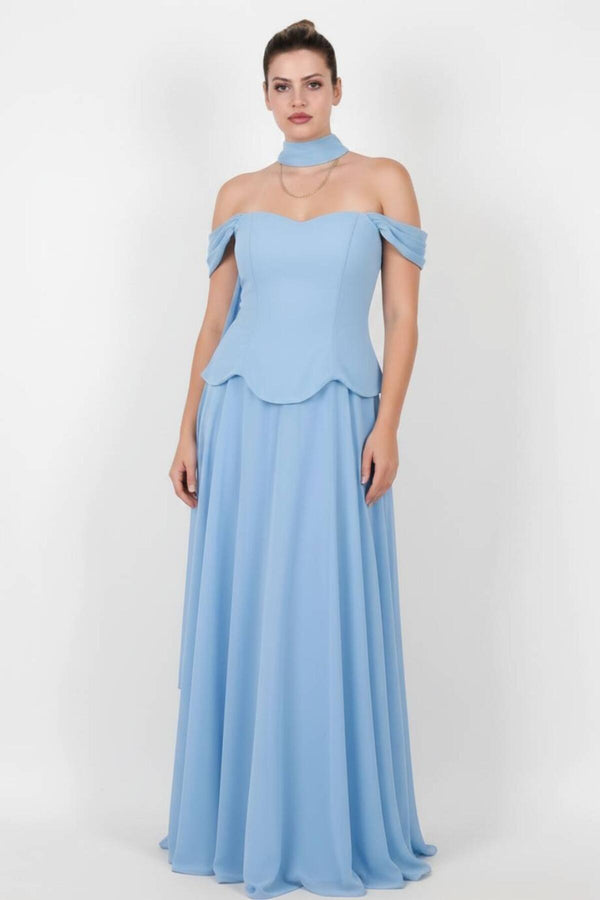 Crêpe Avondjurk Met Tule En Sjaal — Grote Maten, Blauw