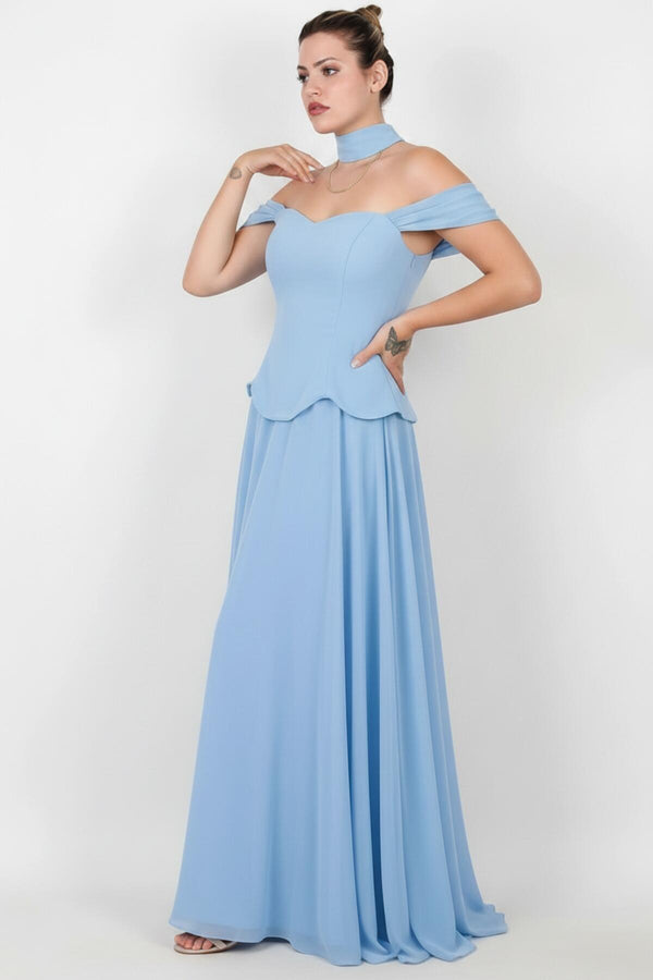 Crêpe Avondjurk Met Tule En Sjaal — Grote Maten, Blauw