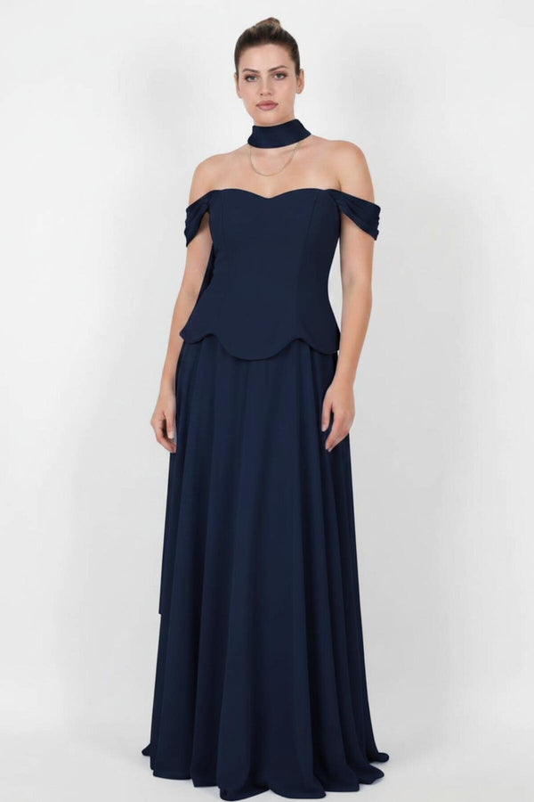 Crêpe Avondjurk Met Tule En Sjaal — Grote Maten, Marineblauw