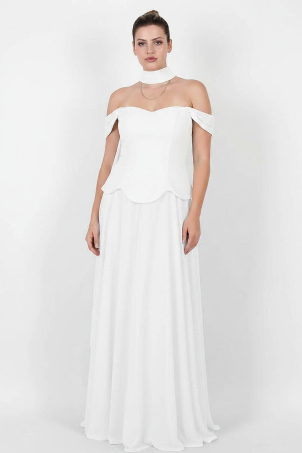 Plus - Size Crepe Evening Dress With Shawl And Tulle Skirt — White
