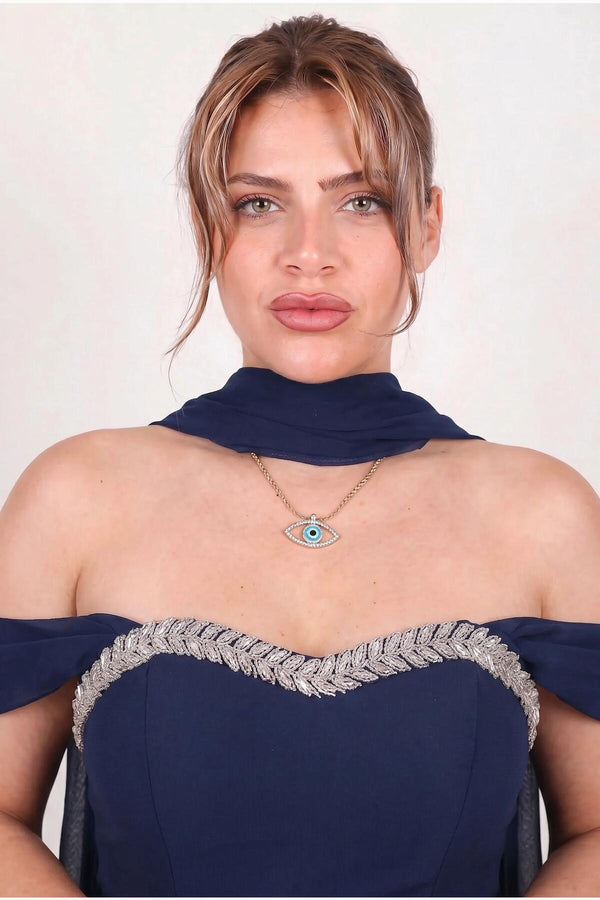 Plus‑Size Crêpe Avondjurk In Marineblauw Met Tule Rok En Sjaal — Kristalversierd