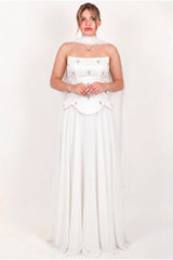 Crepe‑Avondjurk In Grote Maten Met Tule Rok, Sjaaldetail En Steentjes — Wit