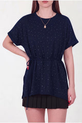 Oysho Stone - Embellished Short - Sleeve Blouse — Navy