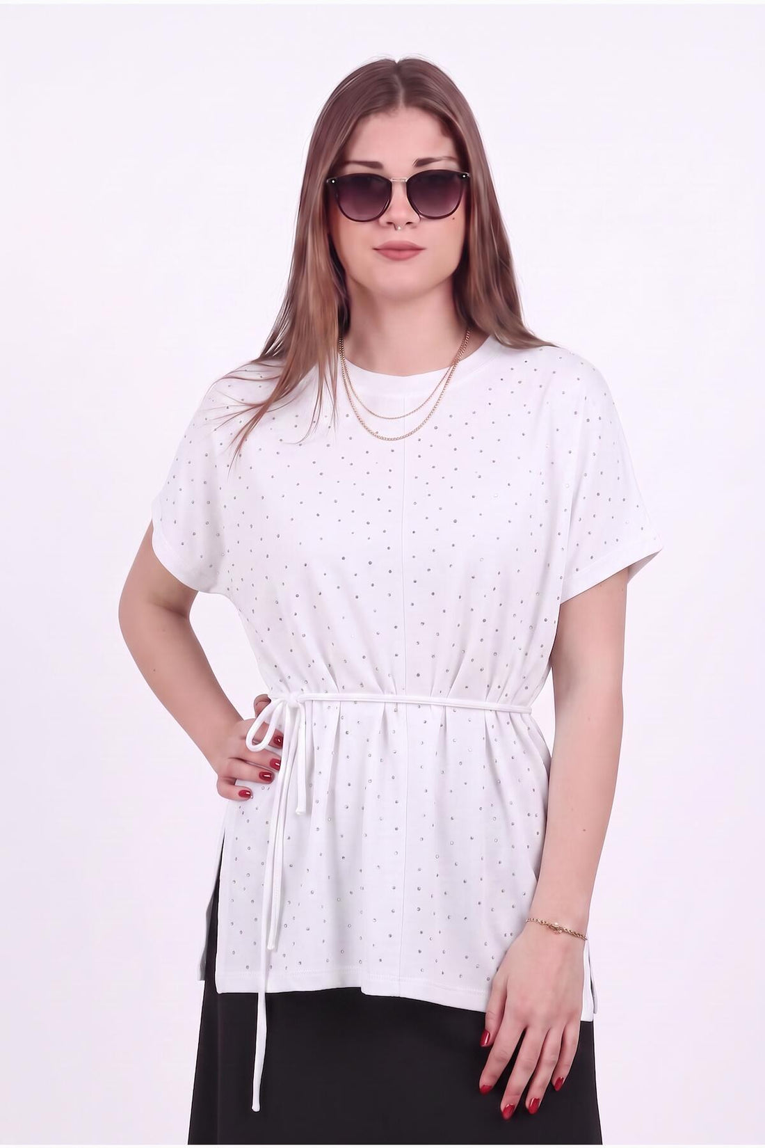 White Stone‑Embellished Blouse In Oysho Fabric