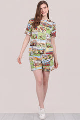Dames Pyjama Set Met Korte Mouwen En Print, Multicolor
