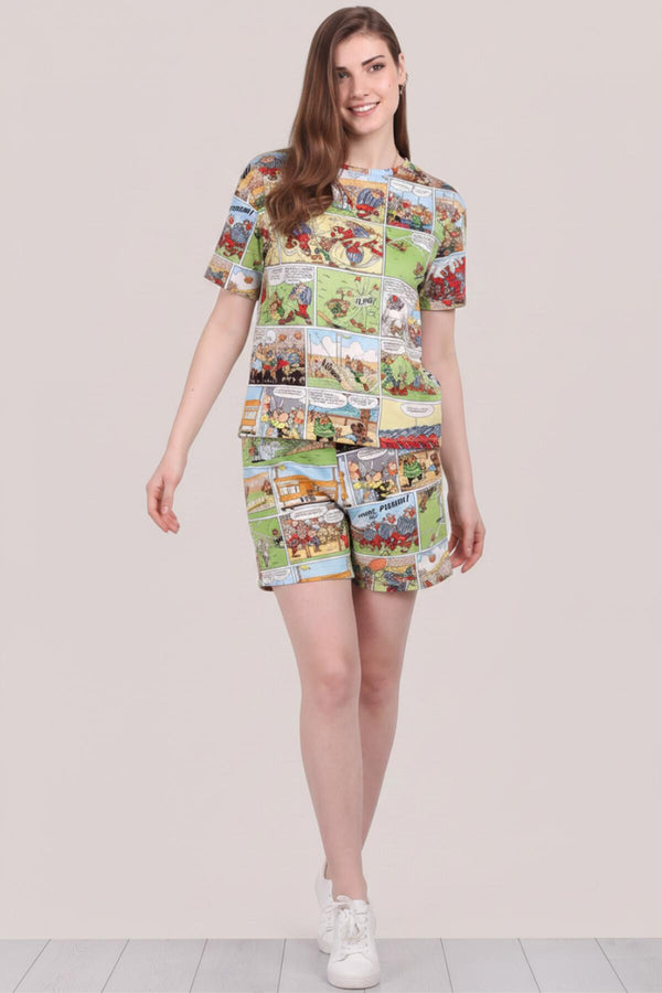 Dames Pyjama Set Met Korte Mouwen En Print, Multicolor