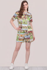 Dames Pyjama Set Met Korte Mouwen En Print, Multicolor