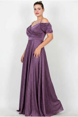 Plus - Size Long Glitter Off - Shoulder Evening Dress — Light Purple