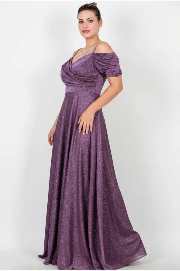 Plus - Size Long Glitter Off - Shoulder Evening Dress — Light Purple