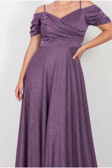 Plus - Size Long Glitter Off - Shoulder Evening Dress — Light Purple