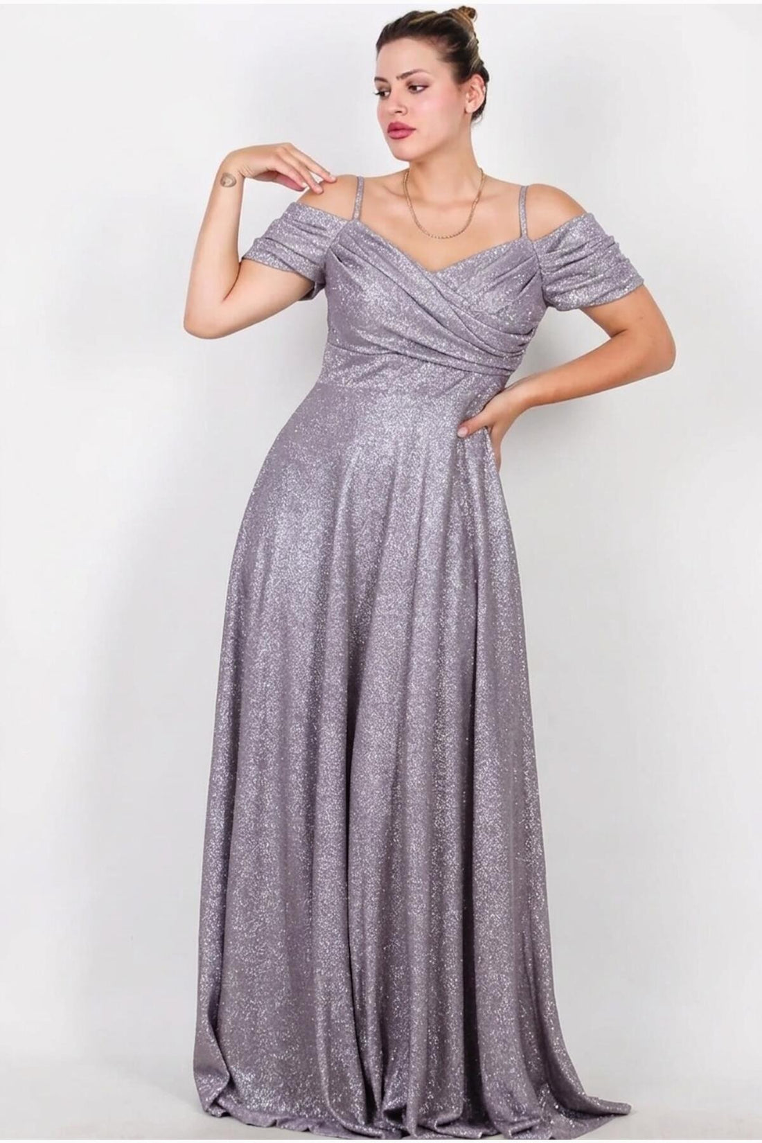 Plus - Size Schoudervrije Glitter Maxi - Jurk – Lila